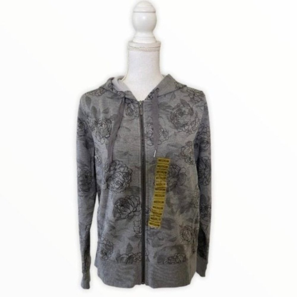 Eddie Bauer Hoodie Jacket Floral Print Gray Zip Up